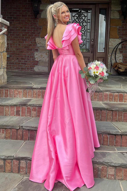 Vestido de fiesta largo de satén con escote en V y volantes en color rosa intenso