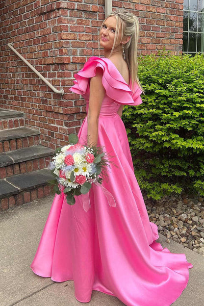 Vestido de fiesta largo de satén con escote en V y volantes en color rosa intenso