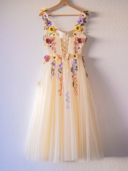 Champagne Floral Tulle Homecoming Dress Short Prom Dresses