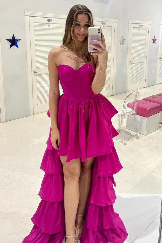 Sweetheart Fuchsia Tiered Hi-Low Prom Dresses, Long Party Dress GP543