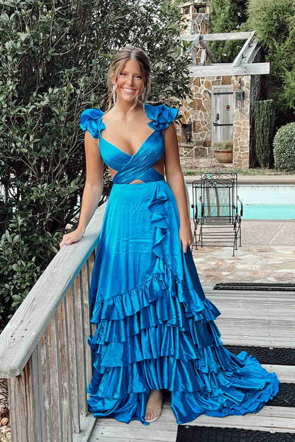 Criss Cross Top Ruffled Straps Red Pleated Layered Long Prom Dresses GP650