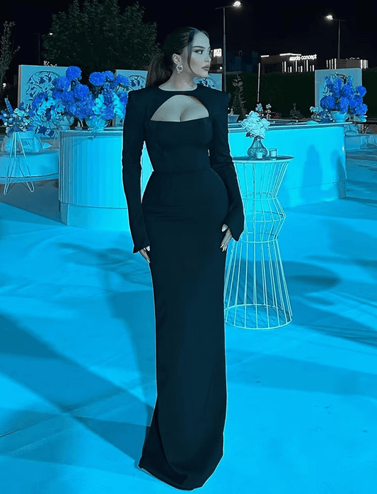 Vestidos de fiesta negros ajustados de sirena, vestido de noche formal de manga larga