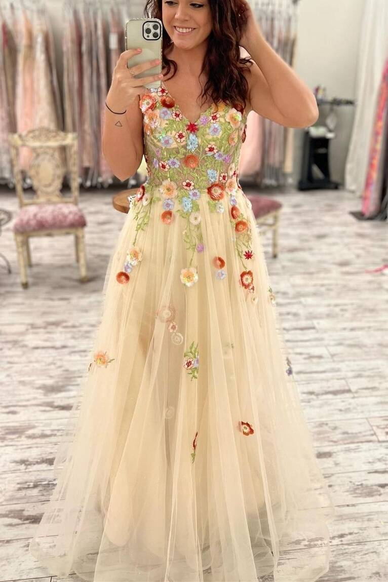 A-line Long Prom Dress Spaghetti Straps V Neck Floral Formal Gown, GP192