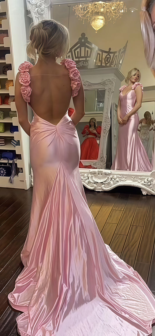 Floral Pink V-neck Evening Prom Dresses With Open Back,AST1670