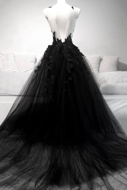 Vestidos de fiesta vintage de tul con escote en V negro, vestido formal con encaje