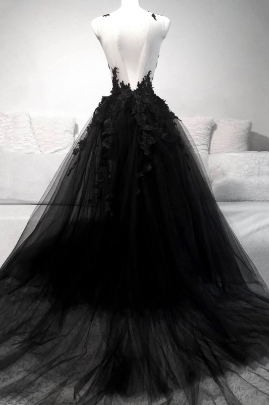 Vestidos de fiesta vintage de tul con escote en V negro, vestido formal con encaje