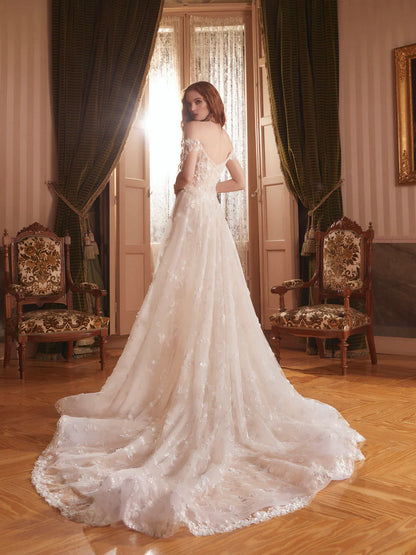 Hermoso vestido de novia de corte A con apliques de encaje color marfil y hombros descubiertos, vestido de fiesta, vestido de noche TP4595