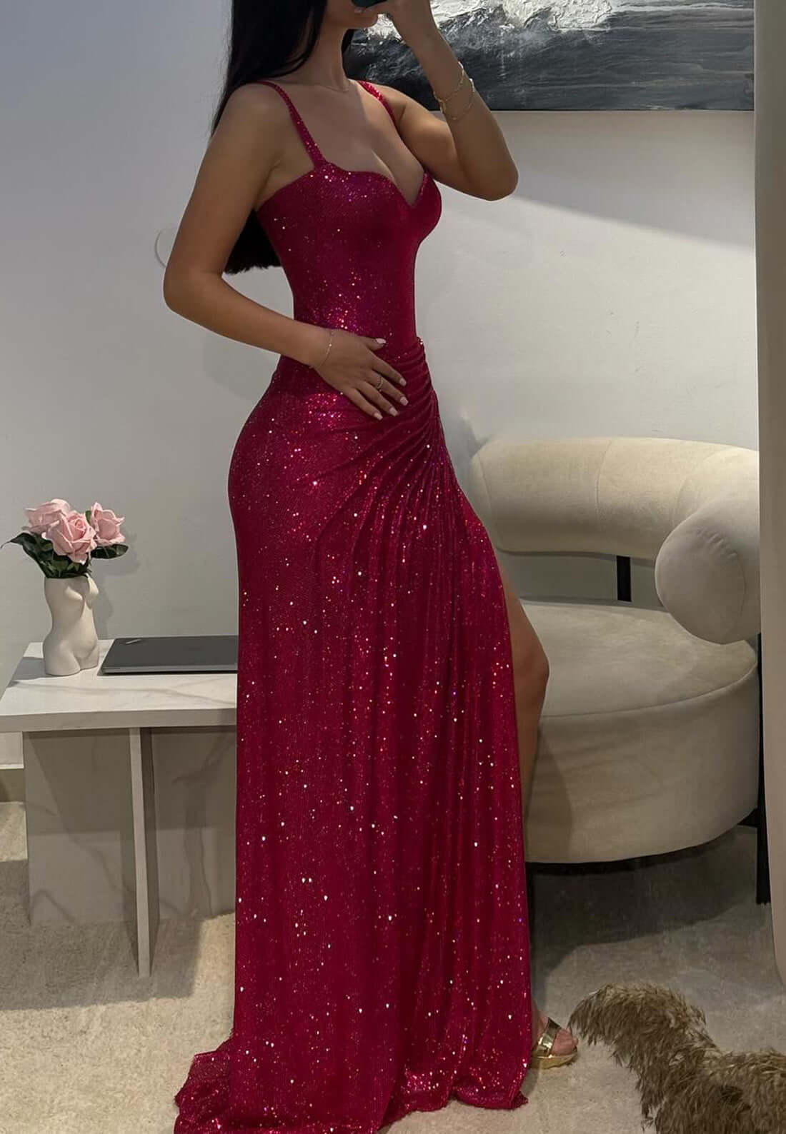 Increíble vestido de fiesta de lentejuelas fucsia, vestido formal largo de sirena con abertura