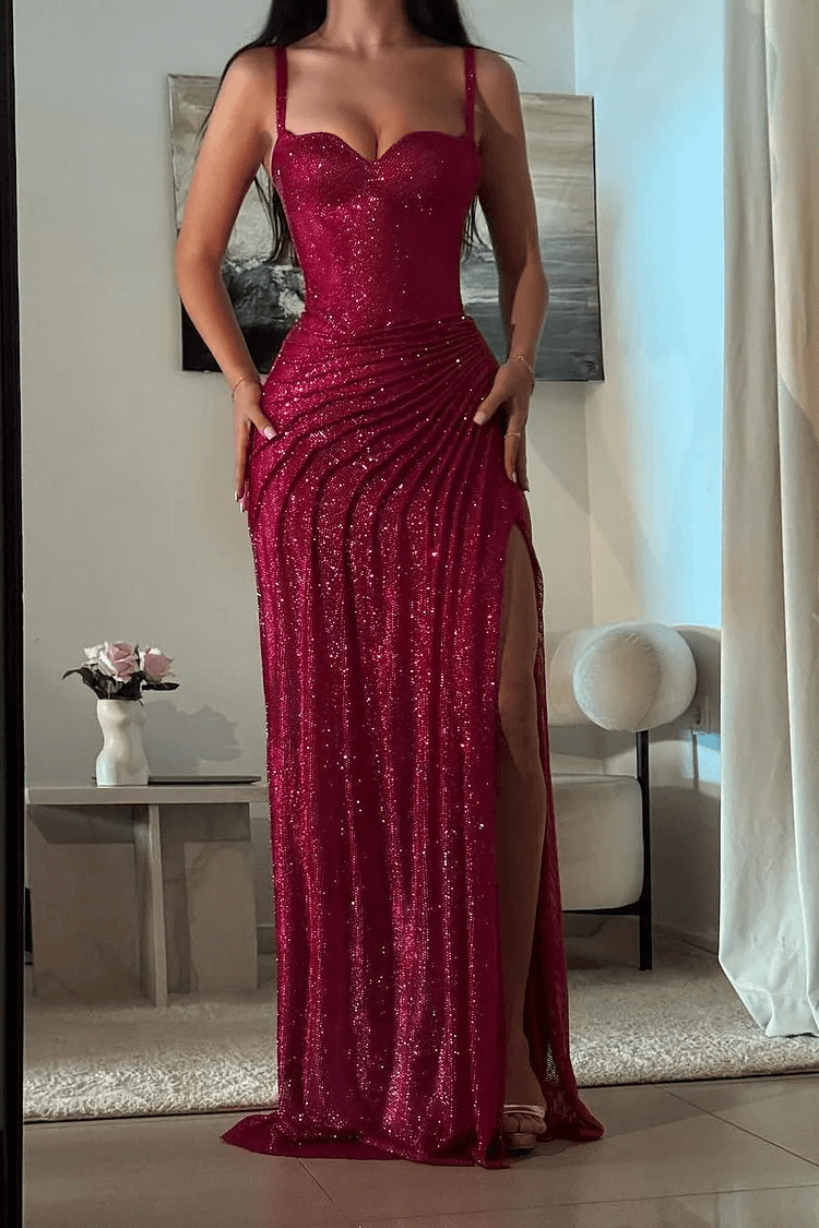 Increíble vestido de fiesta de lentejuelas fucsia, vestido formal largo de sirena con abertura