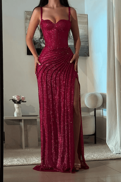 Increíble vestido de fiesta de lentejuelas fucsia, vestido formal largo de sirena con abertura