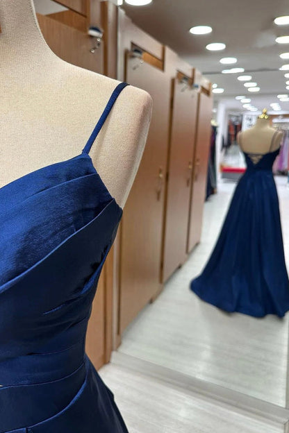 Simple Royal Blue Pleated Straps Cut-Out Satin Long Prom Dress GP526