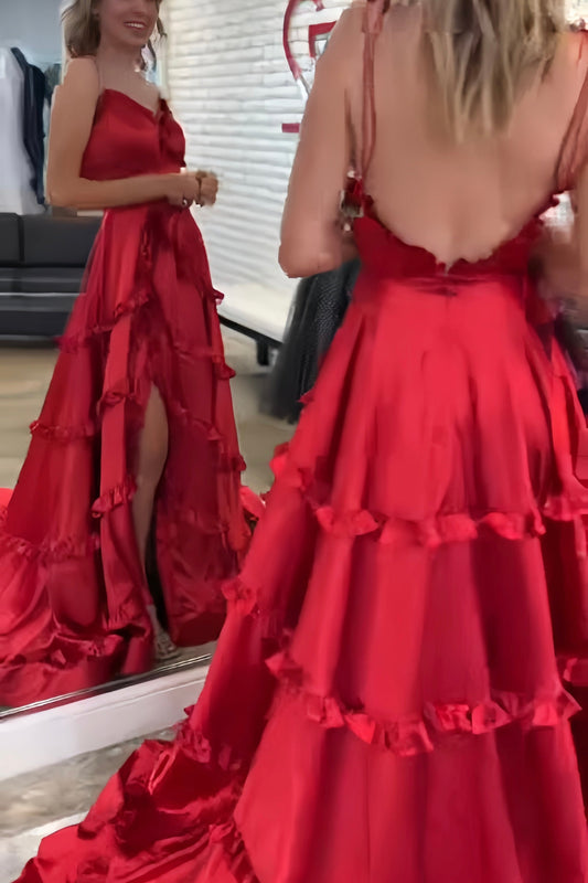 Straps A-line Ruffles Long Prom Dress with Slit, Green Formal Gown GP646