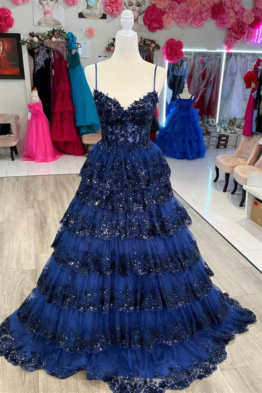 Princess Red Floral Layers Sequined Lace Long Prom Dress GP532