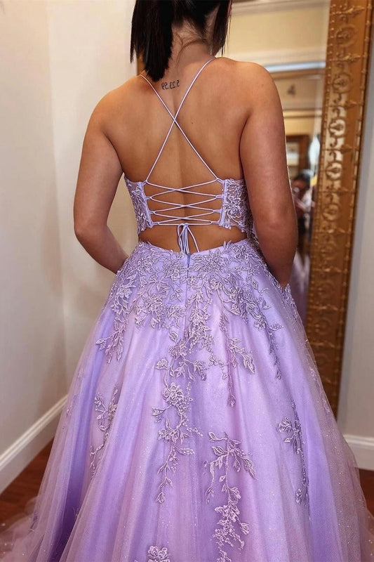 Charm Tulle Long Prom Dresses With Lace Appliqu¡§|s, Lilac Formal Dress GP628