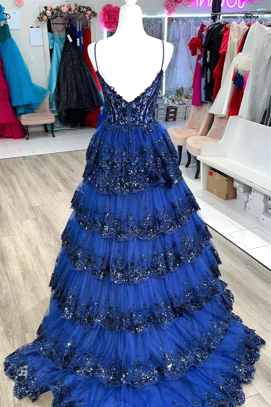 Princess Red Floral Layers Sequined Lace Long Prom Dress GP532