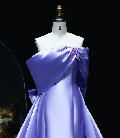 Elegant A Line Off the Shoulder Lilac Beaded Satin Prom Dress Evening Dress with Bow SH2398