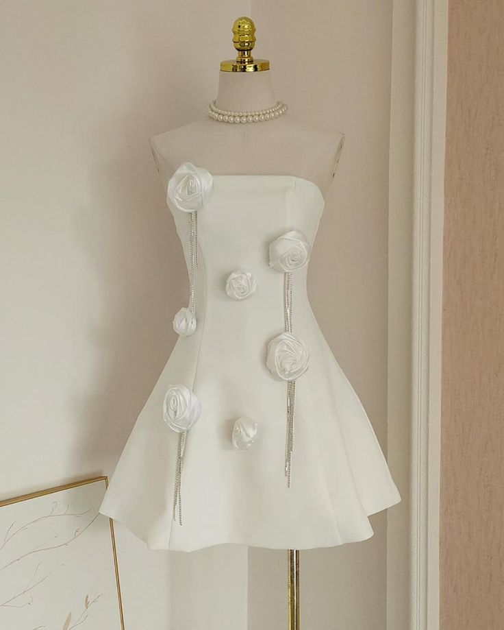 Classy Strapless White Satin Rose Flowers A Line Birthday Dress Short Vacation Dress S845