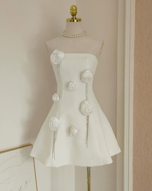 Classy Strapless White Satin Rose Flowers A Line Birthday Dress Short Vacation Dress S845