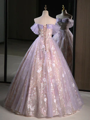 Vestidos de fiesta largos de encaje lila con hombros descubiertos, vestidos formales y vestidos de noche GG015