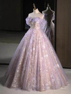 Vestidos de fiesta largos de encaje lila con hombros descubiertos, vestidos formales y vestidos de noche GG015