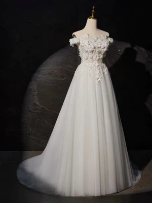 Vestidos de fiesta de encaje blanco con hombros descubiertos y corte en A, vestidos de noche formales de encaje blanco GG018