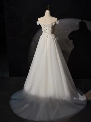 Vestidos de fiesta de encaje blanco con hombros descubiertos y corte en A, vestidos de noche formales de encaje blanco GG018
