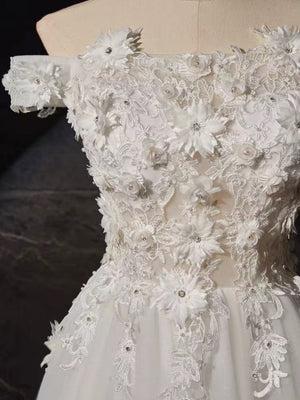 Vestidos de fiesta de encaje blanco con hombros descubiertos y corte en A, vestidos de noche formales de encaje blanco GG018