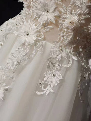 Vestidos de fiesta de encaje blanco con hombros descubiertos y corte en A, vestidos de noche formales de encaje blanco GG018