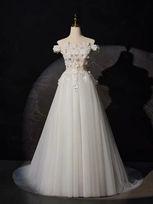 Vestidos de fiesta de encaje blanco con hombros descubiertos y corte en A, vestidos de noche formales de encaje blanco GG018