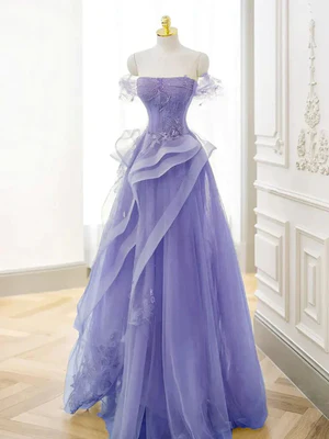 Elegante vestido de fiesta largo de encaje morado con cristales y hombros descubiertos, corte en A, vestidos formales y vestidos de noche morados GG020