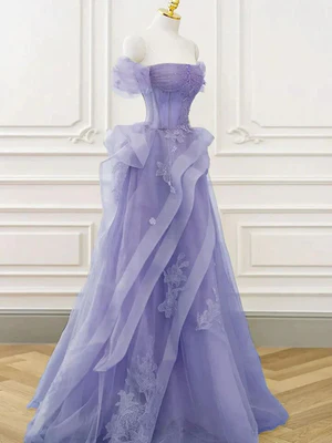 Elegante vestido de fiesta largo de encaje morado con cristales y hombros descubiertos, corte en A, vestidos formales y vestidos de noche morados GG020