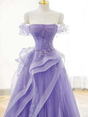 Elegante vestido de fiesta largo de encaje morado con cristales y hombros descubiertos, corte en A, vestidos formales y vestidos de noche morados GG020