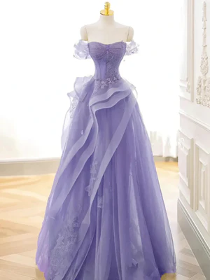 Elegante vestido de fiesta largo de encaje morado con cristales y hombros descubiertos, corte en A, vestidos formales y vestidos de noche morados GG020