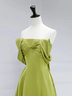 Elegante vestido de fiesta largo de satén verde con hombros descubiertos y corte en A, vestido de noche formal largo GG026
