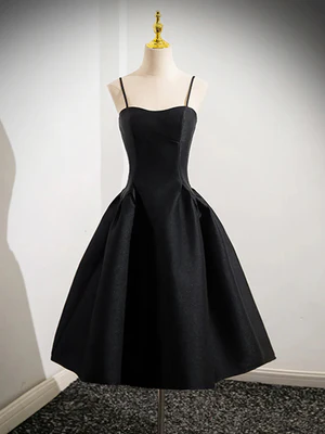 Vestidos de fiesta cortos de satén negro con tirantes finos y corte en A, vestidos de fiesta cortos negros GG034