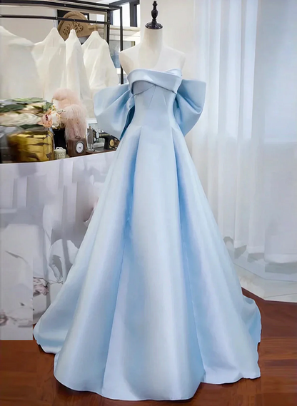 Elegante vestido de fiesta largo de satén azul claro con escote corazón y hombros descubiertos, corte en A, vestido de noche formal largo GG036