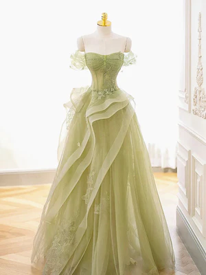 Elegante vestido de fiesta largo de tul verde con hombros descubiertos y encaje, vestido de noche formal GG037