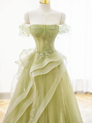 Elegante vestido de fiesta largo de tul verde con hombros descubiertos y encaje, vestido de noche formal GG037