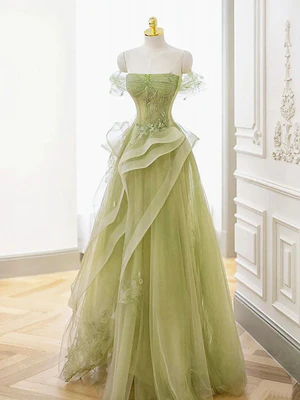 Elegante vestido de fiesta largo de tul verde con hombros descubiertos y encaje, vestido de noche formal GG037