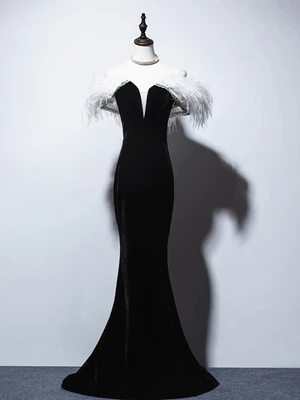 Elegante vestido de fiesta largo de terciopelo negro con escote sirena y hombros descubiertos, vestido de noche formal GG039
