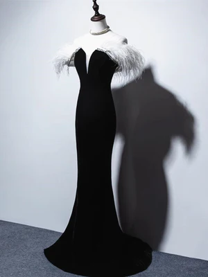 Elegante vestido de fiesta largo de terciopelo negro con escote sirena y hombros descubiertos, vestido de noche formal GG039