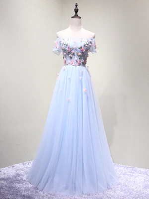 Nuevos vestidos de fiesta largos con estampado floral en azul claro y hombros descubiertos, vestidos de noche formales GG045