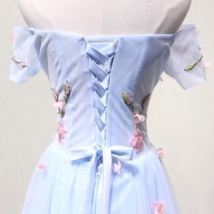 Nuevos vestidos de fiesta largos con estampado floral en azul claro y hombros descubiertos, vestidos de noche formales GG045