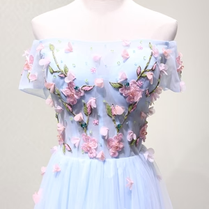 Nuevos vestidos de fiesta largos con estampado floral en azul claro y hombros descubiertos, vestidos de noche formales GG045
