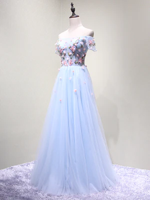 Nuevos vestidos de fiesta largos con estampado floral en azul claro y hombros descubiertos, vestidos de noche formales GG045