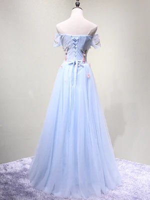 Nuevos vestidos de fiesta largos con estampado floral en azul claro y hombros descubiertos, vestidos de noche formales GG045