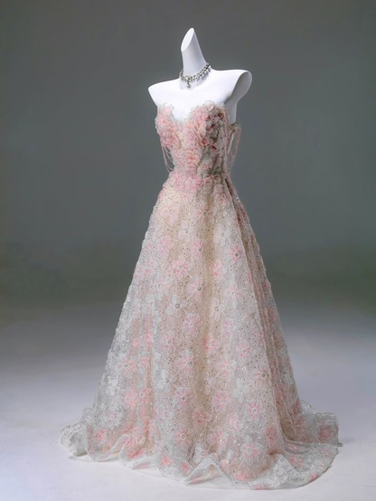 Nuevo y exquisito vestido largo de fiesta, de noche y de novia, con escote en forma de corazón, encaje ligero y abalorios florales, GG055