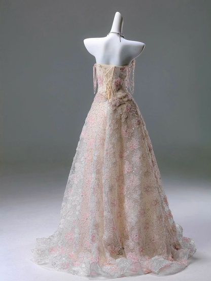 Nuevo y exquisito vestido largo de fiesta, de noche y de novia, con escote en forma de corazón, encaje ligero y abalorios florales, GG055