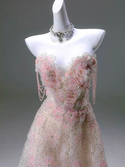 Nuevo y exquisito vestido largo de fiesta, de noche y de novia, con escote en forma de corazón, encaje ligero y abalorios florales, GG055