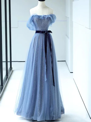 Vestido de fiesta de tul azul brillante, corte A, hombros descubiertos, lazo en la cintura, vestido de noche largo azul formal GG059